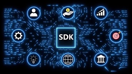 Digital SDK concept with glowing circuit board and business icons Keywords: SDK, software development kit, programming, coding, development, technology, digital, internet, connection, data