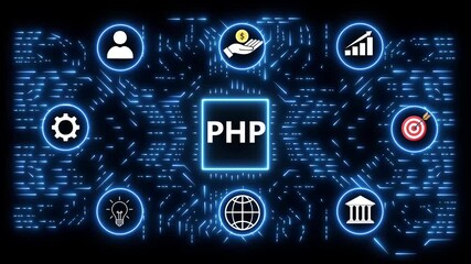 PHP Programming Language Concept with Icons and Digital Network Background coding web development