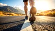 © Nasi - Legs propel forward down a road. Mountain silhouettes and sunny sky in background. Sun flares add warmth to the scene