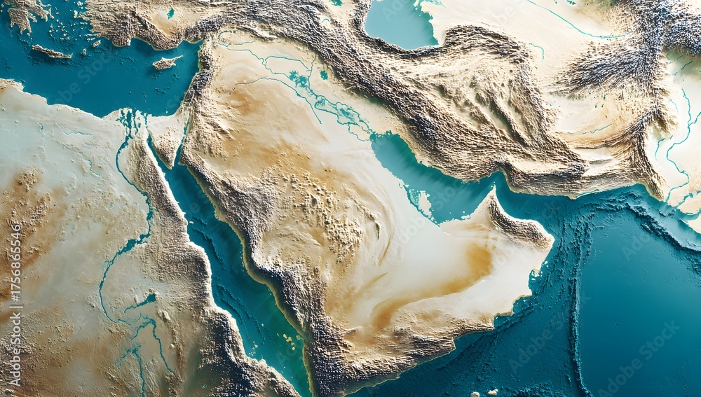 Detailed topographic relief map of the middle east region showcasing