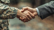© plysuikvv - Soldier and businessman shake hands in peaceful agreement Generative AI