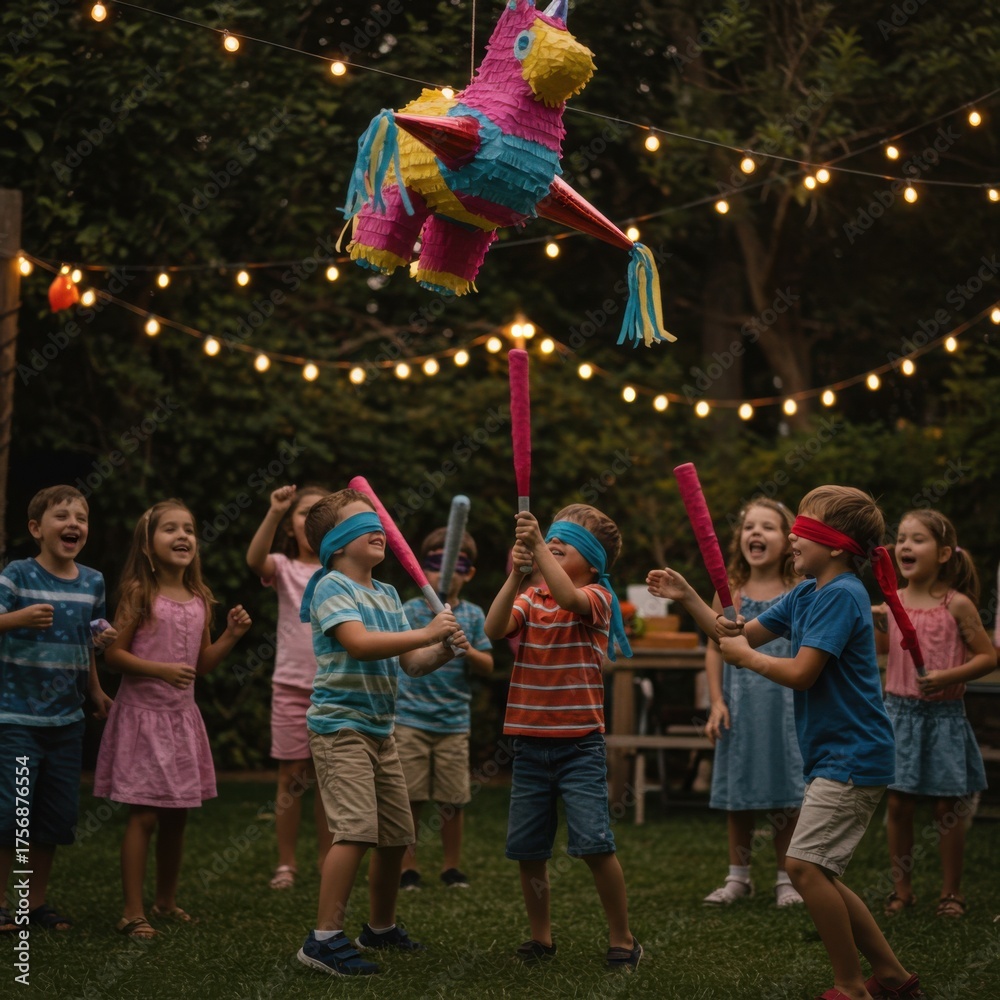 Las posadas celebration with children enjoying piñata game in festive ...