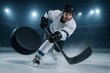 © diproduction - Intense ice hockey action moment with player hitting puck in full gear on illuminated rink under stadium lights at night during sport competition concept. Ai generative