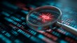 © Rifqi - Close-up of magnifying glass focusing on a red stylized bug icon over digital binary code background, concept for cybersecurity awareness, malware detection and data protection.