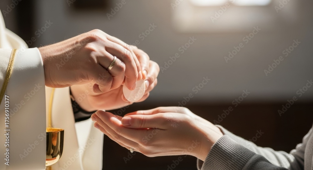 Holy communion ceremony with priest distributing eucharist to a ...