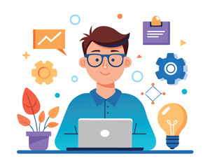 Man working on laptop with creative icons isolated on white background