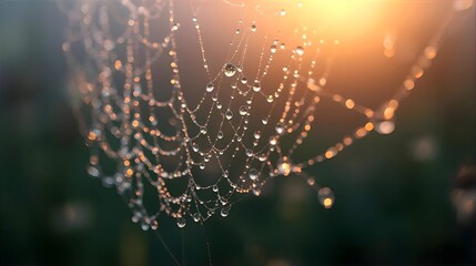 close up photo of morning dew on spider web isolated in sunrise silhouette