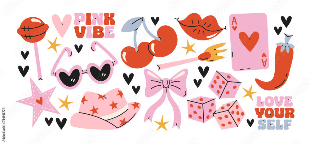 Pink Icon 2000s Pink retro sticker shapes in funky cartoon style. Girly symbols: heart ...