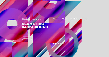 Wall Mural - Vibrant abstract geometric design. Website header features bold colors, shapes, text, navigation options, button. Modern aesthetic.