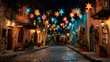 © Daniel - Posada navideña en un pueblo mexicano sobre la calle adornada con estrellas multicolores gente feliz celebrando entre los adornos brillantes, felices por la navidad mexicana