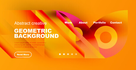 Wall Mural - Bright orange background features geometric shapes, text elements, navigation menu. Modern design suitable for website header or banner.