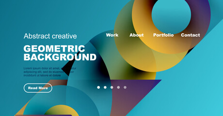 Wall Mural - Abstract geometric design. Vibrant colors, overlapping shapes create modern visual experience. Website header with navigation options present.
