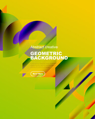 Poster - Bright geometric background features vibrant layers, shapes, text, button. Modern design with yellow, purple hues.