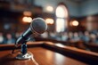 © Dina - Microphone at city hall meeting  or conference, on council podium, blurred audience background. Public talk.