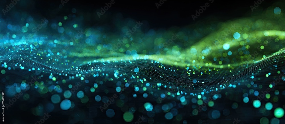 Abstract digital artwork depicting a wave of blue and green bokeh ...