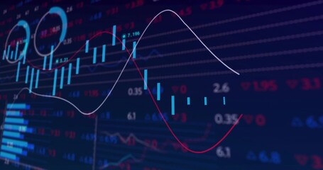 Wall Mural - Displaying financial chart at trading screen, with blue candlestick bars, white and red trend lines