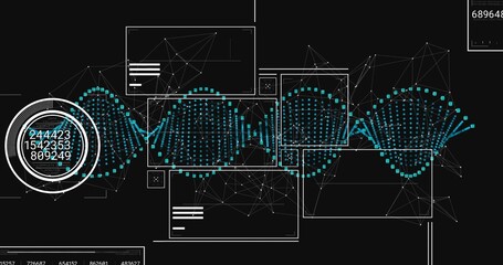 Wall Mural - Displaying turquoise dotted waveform streaming across layered GUI, with wireframe nodes, data gauge