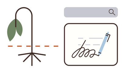 Wilting plant with roots beside a digital pen in a search interface. Ideal for growth, learning, failure, perseverance, problem-solving, creativity, education, simple flat metaphor