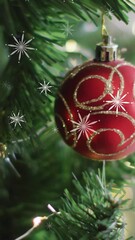 Wall Mural - Animation of snow falling over christmas tree with baubles