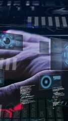 Wall Mural - Animation of biometric hand check, scopes and data processing on dark background