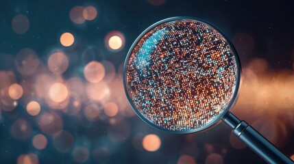 Analyzing A magnifying glass hovering over complex binary code on a virtual screen.