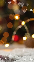 Wall Mural - Animation of snow falling over christmas tree with baubles and copy space