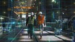 © Framestock - Two Engineers in Helmets and Safety Vests Walk Through High Tech Factory Enhanced by Glowing AR Grid. Concept of Smart Manufacturing, Industrial Innovation, Fusion of Humans With Digital Intelligence.