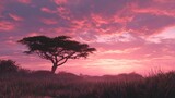 A serene African savanna landscape with a lone acacia tree under a vibrant pink and purple sunset evoking a sense of