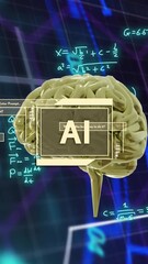 Wall Mural - Animation of ai text, human brain and mathematical data processing
