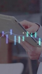 Wall Mural - Animation of financial data processing over caucasian woman using tablet