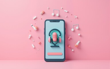 Podcast icon. Audio equipment with microphone, sound headphones, podcast application on mobile smartphone screen. Radio recording sound voice on pink background. Broadcast media music concept.