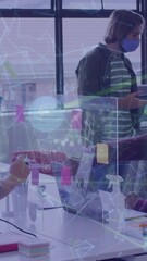 Wall Mural - Animation of network of connections over diverse man and woman discussing over glass board