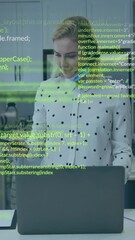 Wall Mural - Animation of data processing over caucasian woman using laptop and smartphone
