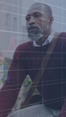 Wall Mural - Animation of statistical data processing over african american man riding bicycle on the street
