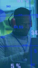 Wall Mural - Animation of diagrams and data processing over male worker in server room