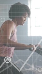 Wall Mural - Animation of diagrams and data processing over diverse sportspeople using elliptical bikes at gym