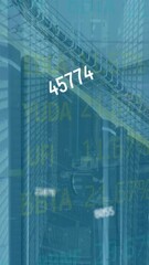 Wall Mural - Animation of data processing with graphs and charts on interface over computer server room