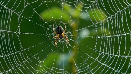 Close-up of Spider Web with Dew Drops on Green Background