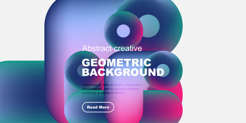Wall Mural - Abstract geometric shapes, vibrant colors, modern design. Text overlay promotes content with call to action button. Minimalist aesthetic.