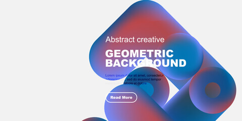 Poster - Abstract geometric background features vibrant blue, red shapes. Text includes geometric background, read more button present. Minimalist design.