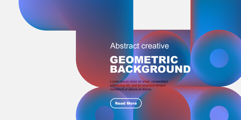 Wall Mural - Modern design features vibrant blue, purple shapes. Text overlay promotes geometric background, includes read more button. Minimalist aesthetic.