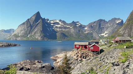 Wall Mural - Lofoten Islands: Picturesque norwegian landscape with a typical fishing village and stunning mountains in summer