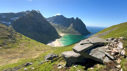 Wall Mural - Panoramic summer landscape of Kvalvika Beach on the Lofoten Islands in northern Norway