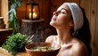© Marina Shvedak - Woman enjoying a moment of tranquility and self-care with steaming herbs, promoting relaxation and wellness in a spa environment