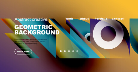Wall Mural - Abstract geometric background design. Vibrant colors, shapes overlap. Website header with navigation options, text content visible.