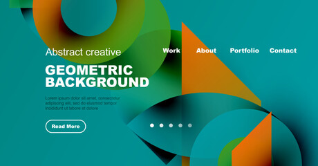 Wall Mural - Abstract geometric background features vibrant shapes, text, navigation menu. Modern design promotes work, portfolio, contact information.