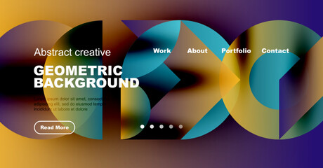 Wall Mural - Abstract geometric background design. Vibrant colors, text overlays, navigation elements present. Modern aesthetic, suitable website header.