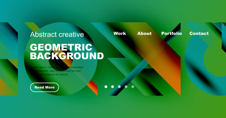 Wall Mural - Vibrant geometric design. Green gradients dominate, text overlays promote creative work, navigation visible. Modern aesthetic.