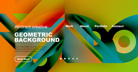 Wall Mural - Vibrant geometric design. Website header features bold colors, text, navigation options, plus read more button. Modern aesthetic.
