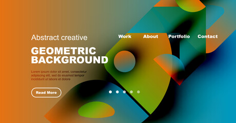 Wall Mural - Abstract website mockup features vibrant geometric shapes, text overlay, navigation menu. Modern design promotes creativity, portfolio presentation.